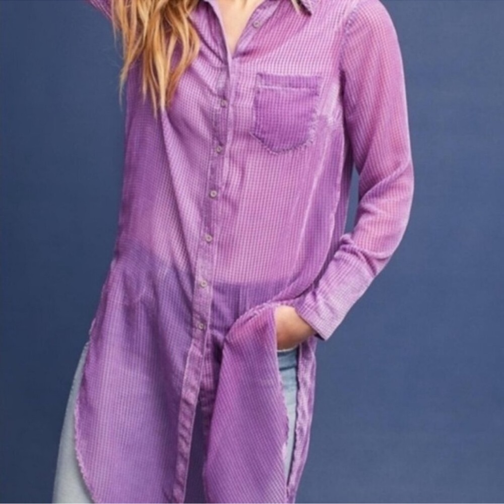 Anthropologie Akemi Kin Purple Burnout Longline Button Front Blouse Tunic Large